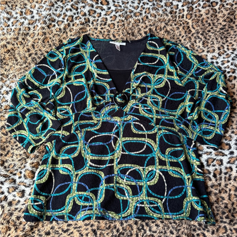 JM Collection Black and Teal Patterned Blouse